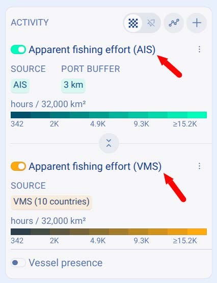 Activity layers panel in the Global Fishing Watch map, with the apparent fishing AIS and VMS layers highlighted.