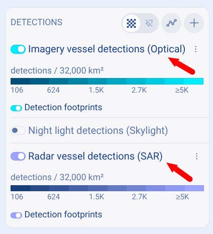 Detections layers panel in the Global Fishing Watch map, with the optical and SAR imagery vessel detection layers highlighted.